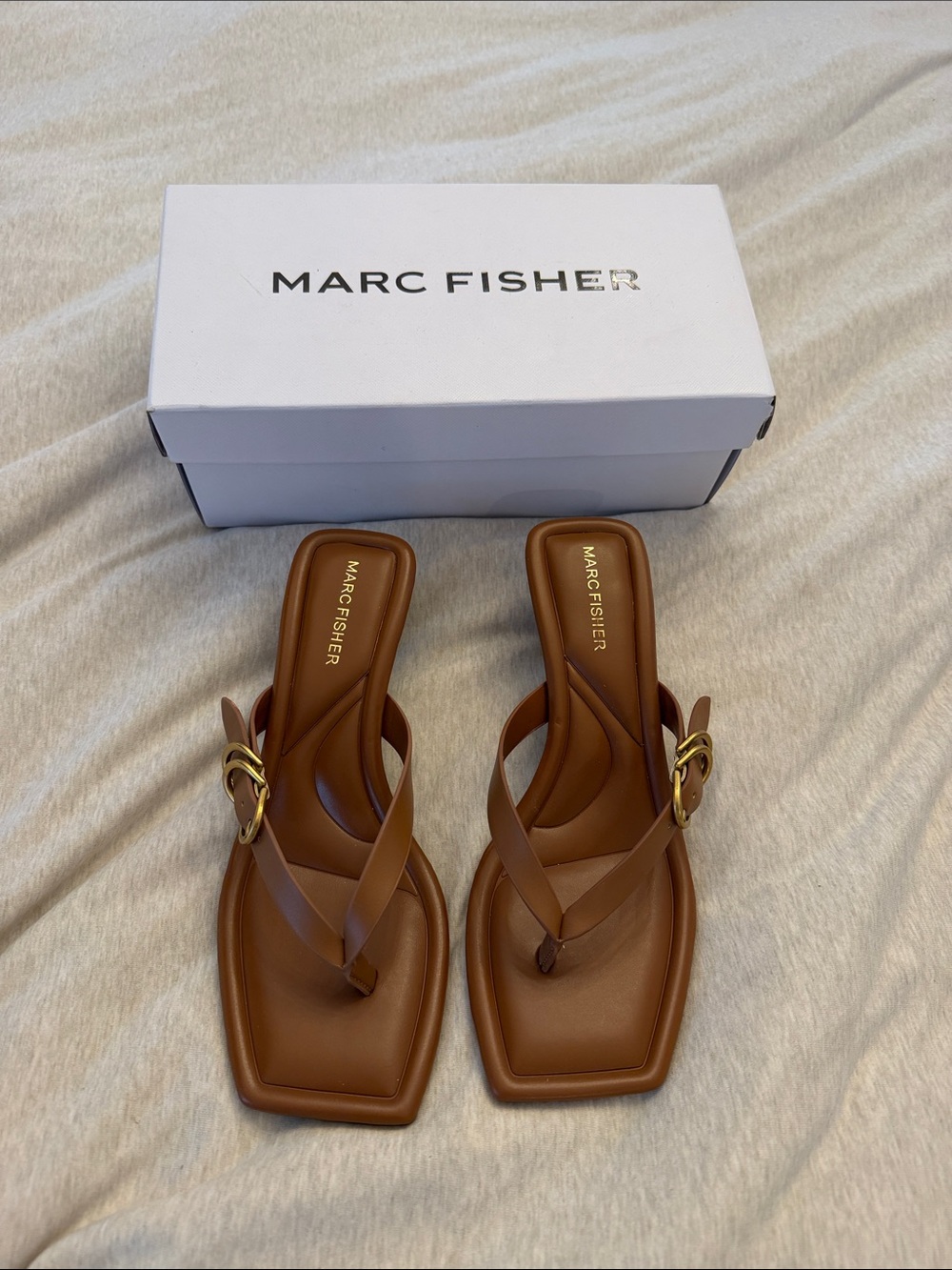 Marc Fisher Brown Square-Toe Thong Sandals with Gold Buckle Detail